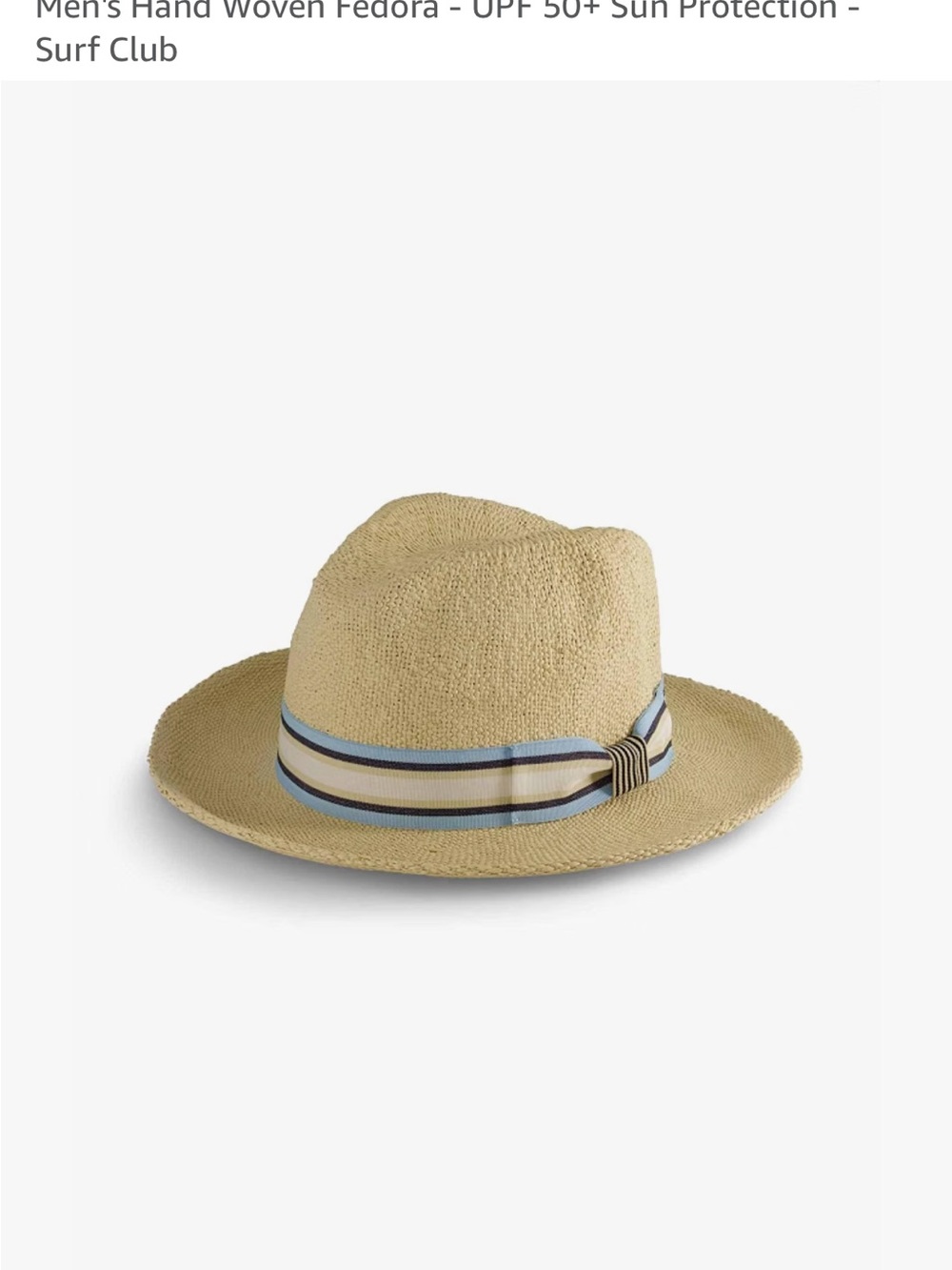 Coolibar Tan Straw Fedora with Blue and Cream Striped Band